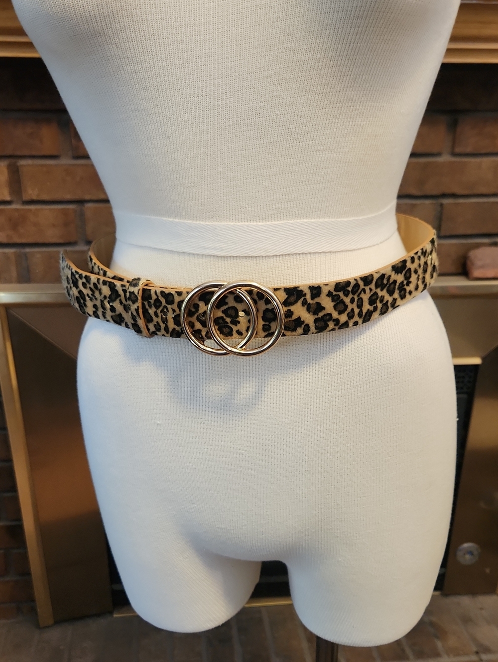 Leopard Print Double-Ring Women's Waist Belt Tan Black Gold Metallic Sparkle
